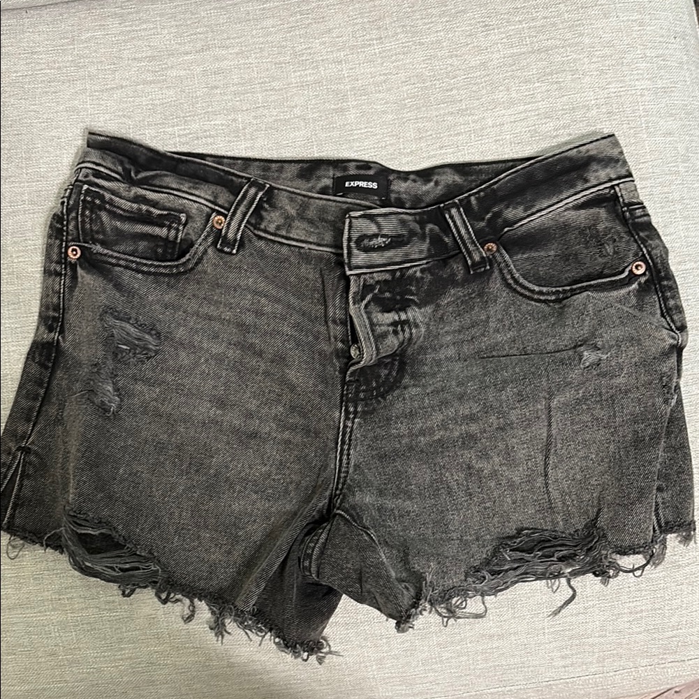 Express Black Distressed Jean Shorts Mid-Rise Raw Hem